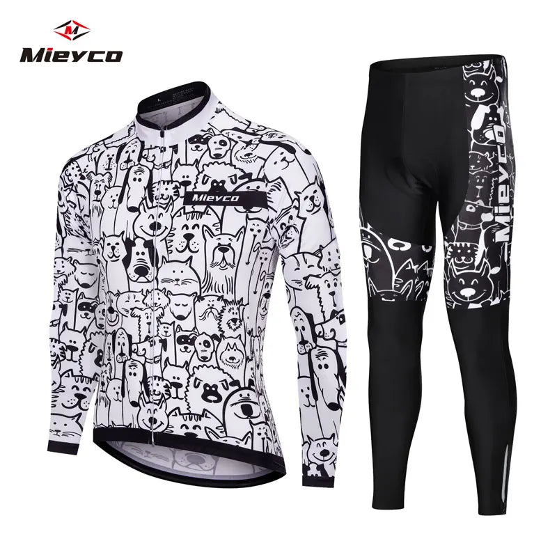 White Cartoon Cat Road Cycling Jersey 2025 Mens Long Sleeve Mountain Racing Bicycle Clothing Maillot Ropa Ciclismo Hombre Wear