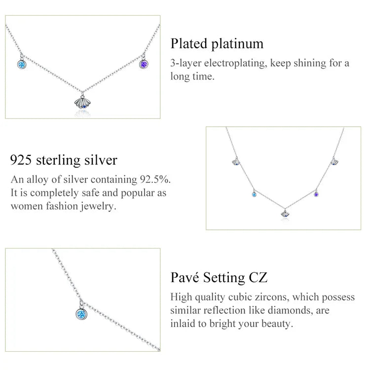 Authentic Silver Seashell Necklace 925 Sterling Silver Blue CZ Love Necklace Gift for Girl Statement Fine jewelry SCN454