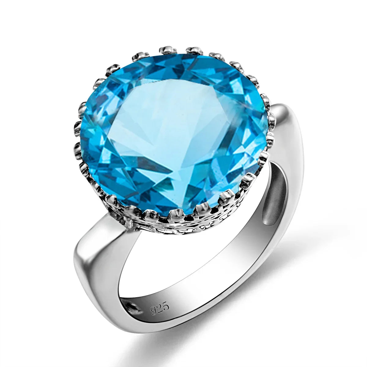 Vintage 100% 925 Sterling Silver 15ct Round Created Aquamarine Ring For Women Famous Branded Handmade Fine Jewelery 2024