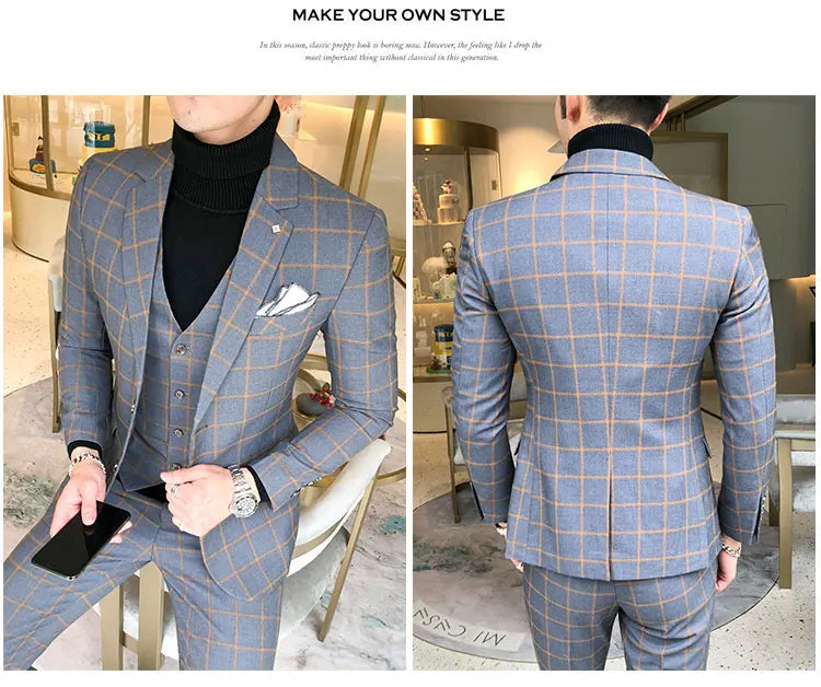 Blazer and Vest and Pants / Boutique Fashion Plaid Men's Casual Business Suit 3pcs Set Groom Wedding Dress Performance Costume