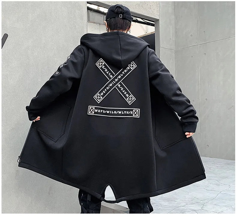 New Men Streetwear Black Jackets And Coats Hip Hop Harajuku Hooded Men's Windbreaker Overcoat Mens Clothing Outwear M-5XL