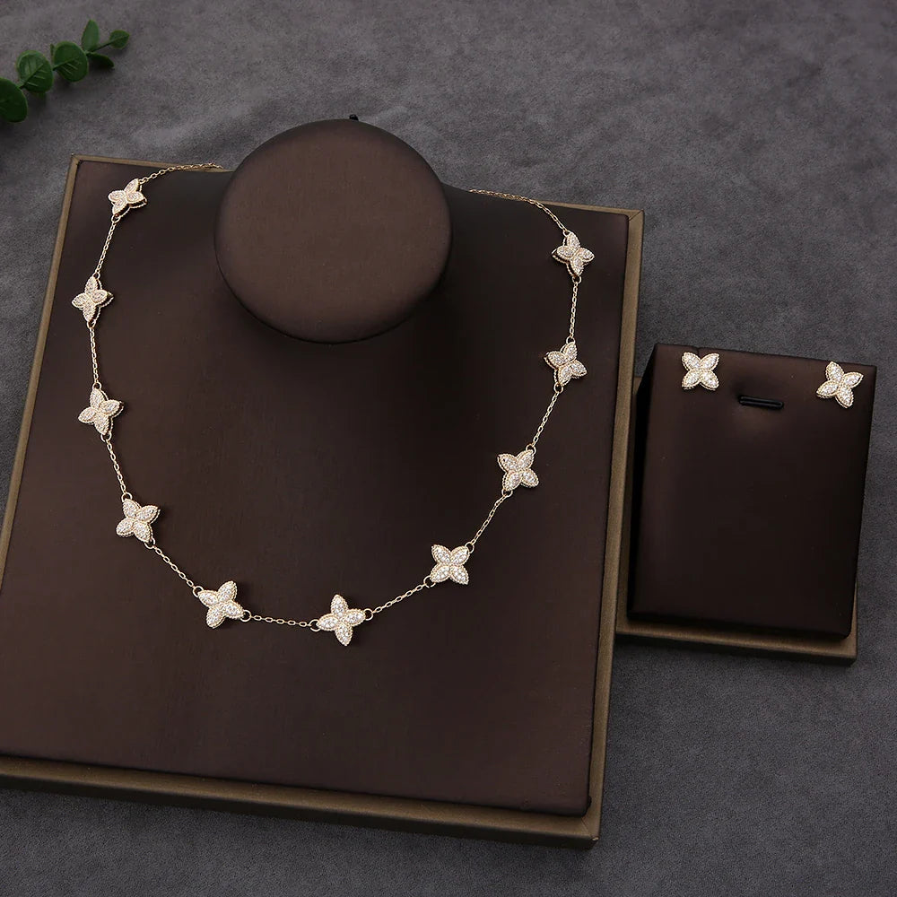 Luxury Flower Statement Necklace earring ring BraceletJewelry Set For Women Wedding Party Full Zircon Dubai Bridal jewelry N0555