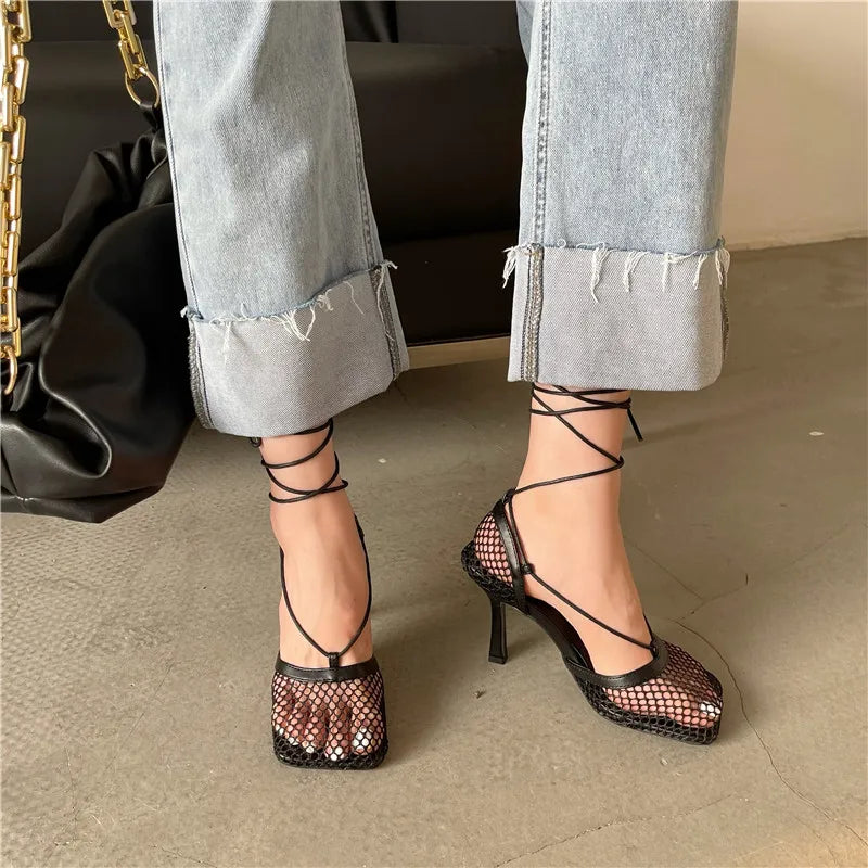 Fashion Hollow Breathable Mesh Square Toe Stiletto High Heels Women Pumps Ankle Lace-Up Elegant Dress Ladies Shoes