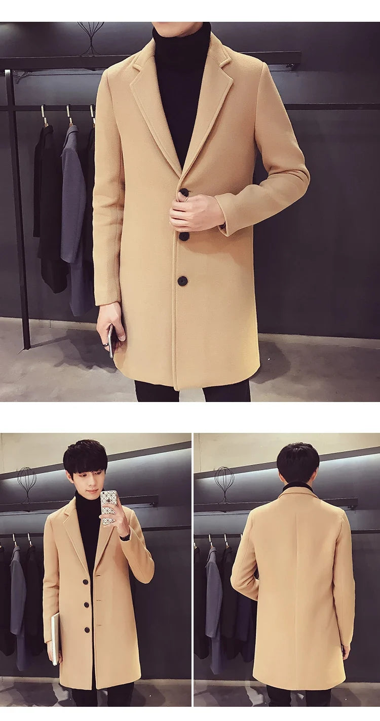 Men Long Cotton Coat 2025 Autumn Winter Wool Blend Pure Color Business Casual Slim Fit Windbreaker Jacket Fashion Men Clothing