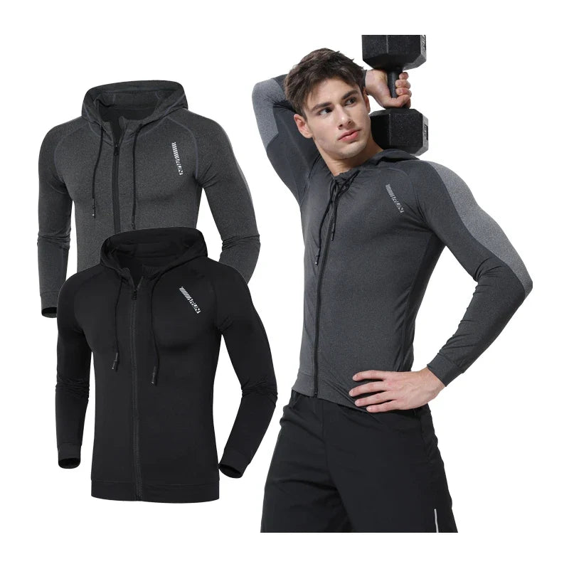 Men Running Sports Jackets Gym Training Zipper Slim Hiking Sweatshirts Comfortable Elastic Quick Dry Fitness Long Sleeve Hooded