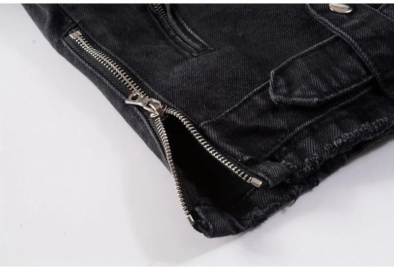 Men's Zippers Black Biker Jean Jacket Streetwear Thick Denim Slim Coat with Belt High Quality