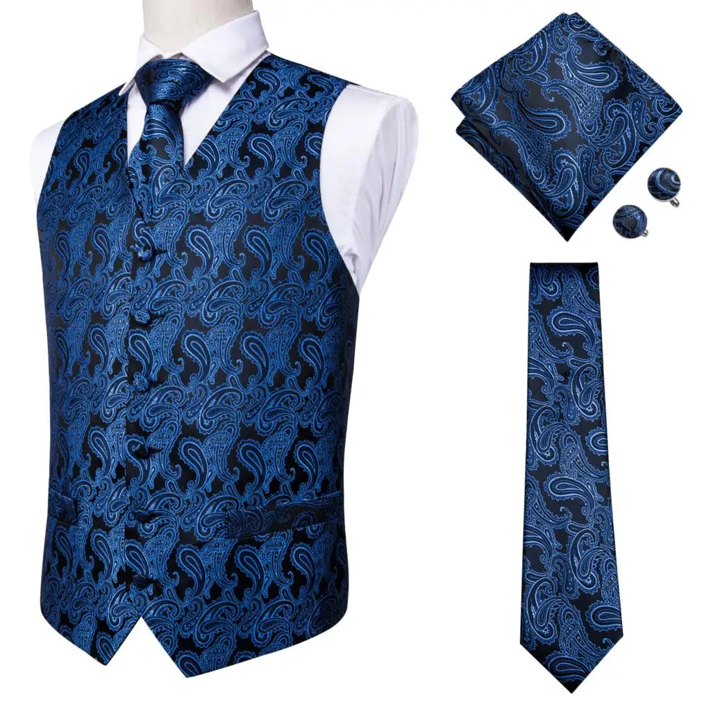 Fashion Silk Vest For Men Classic Gold Champane Yellow Waistcoat Jacket Tie Hankerchief Cufflinks Sets Dress Suit Wedding Hi-Tie