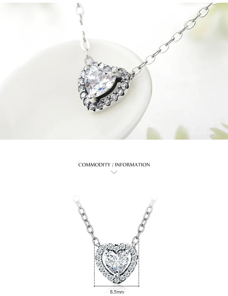Real 925 Sterling Silver Clear CZ Heart Pendant Necklace for Women Chain Fashion Wedding Statement Jewelry Accessories