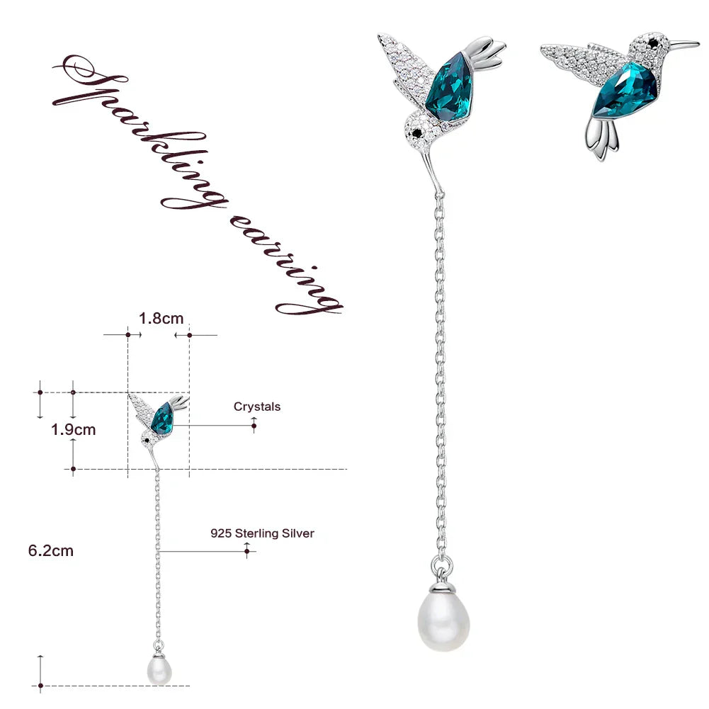 S925 Sterling Silver Hummingbird Freshwater Pearl Earrings Green Austrian Crystals Cute Animal Jewelry Gifts for Women Girls