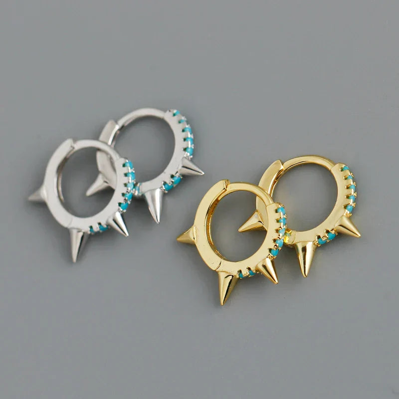 New Arrival Fashion Korean Blue Zircon Spike Geometric Stud Earrings for Women Real 925 Sterling Silver Gothic Jewelry