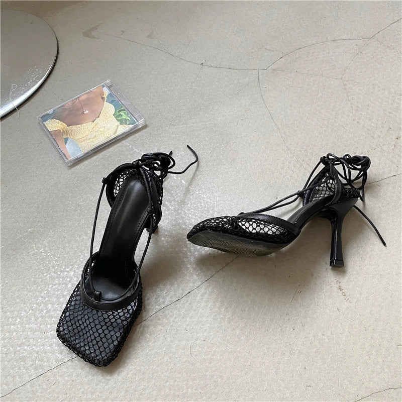 2026 Stiletto Heels Mesh Fashion Sandals Square Toe Cross-Tied Shallow Concise Party Rome Solid Summer Shoes for Women