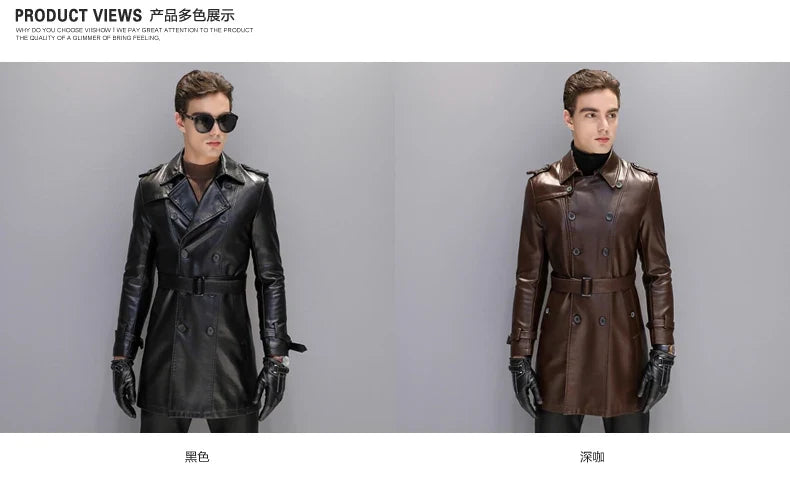 Autumn Black Faux Leather Trench Coat Men Long Sleeve Belt Double Breasted Brown Plus Size Men Clothing 2022 4xl 5xl