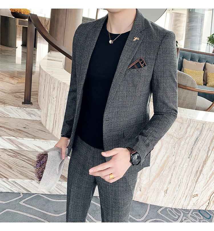 S-7XL Jacket + Pants / Luxurious High -end Brand Solid Color Men's Casual Business Slim Suit Two -piece Suit Groom Wedding Suit