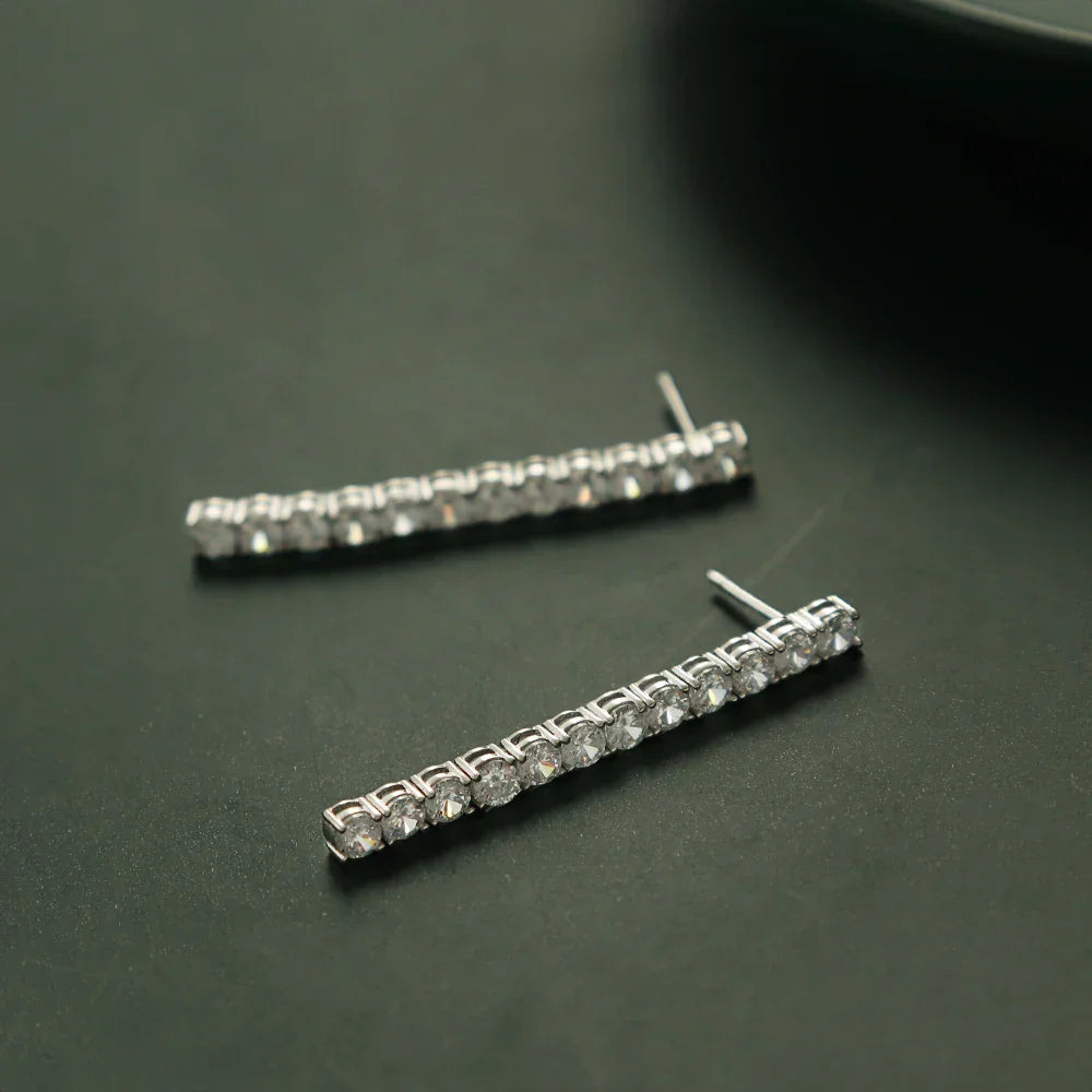 Real Sterling Silver 3mm Round Cubic Zirconia 38mm Height Dangle Design Solid 925 Metal Jewelry Tennis Earrings
