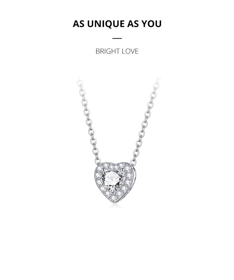 925 Sterling Silver Bright Love Necklace Chain Dazzling Shiny Heart Shape Crystal Charm Wedding Engagement Jewelry SCN455