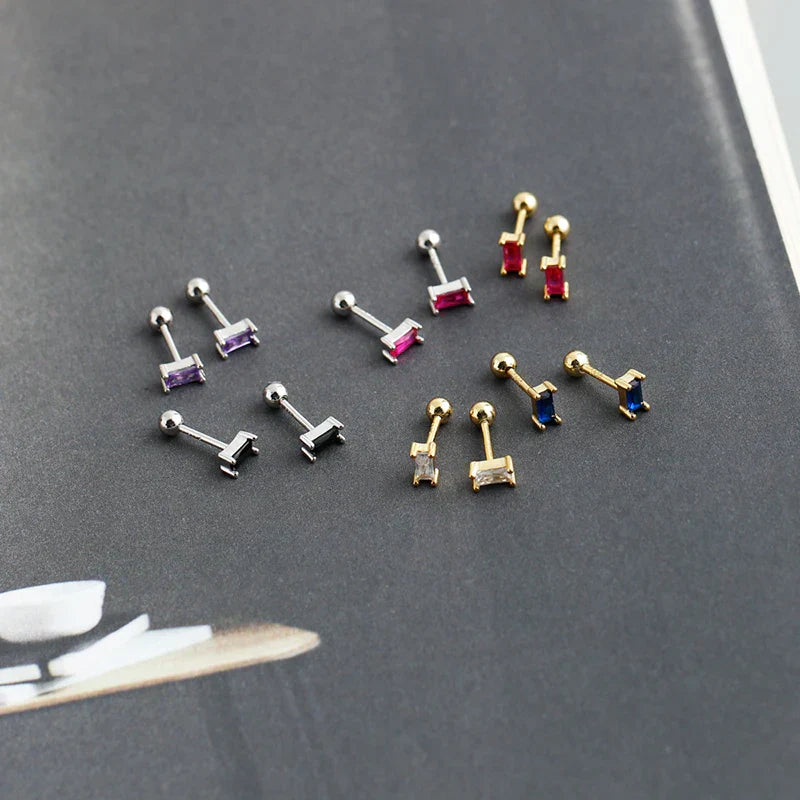 925 Sterling Silver Colorful Square Shiny Zircon Beads Piercing Stud Earrings for Women Fashion Gothic Exquisite Jewelry
