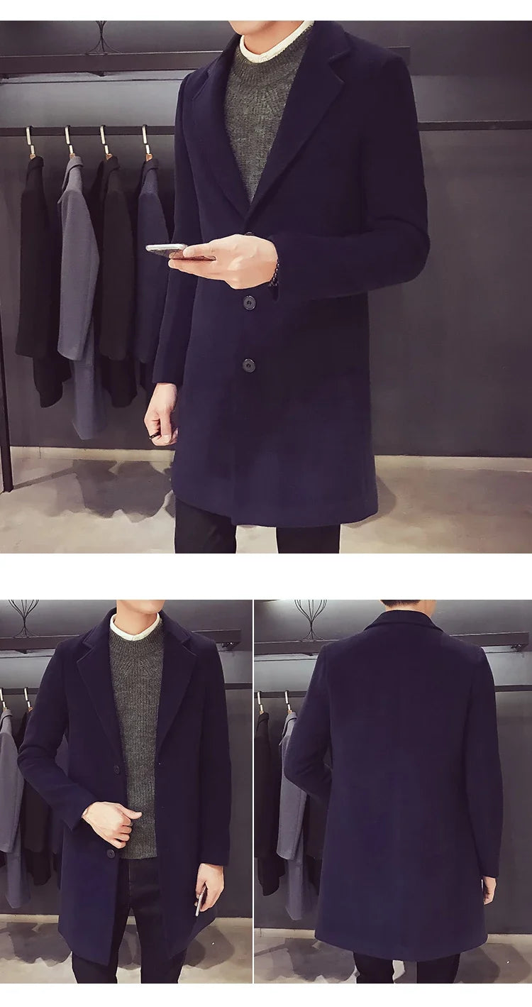 Men Long Cotton Coat 2025 Autumn Winter Wool Blend Pure Color Business Casual Slim Fit Windbreaker Jacket Fashion Men Clothing