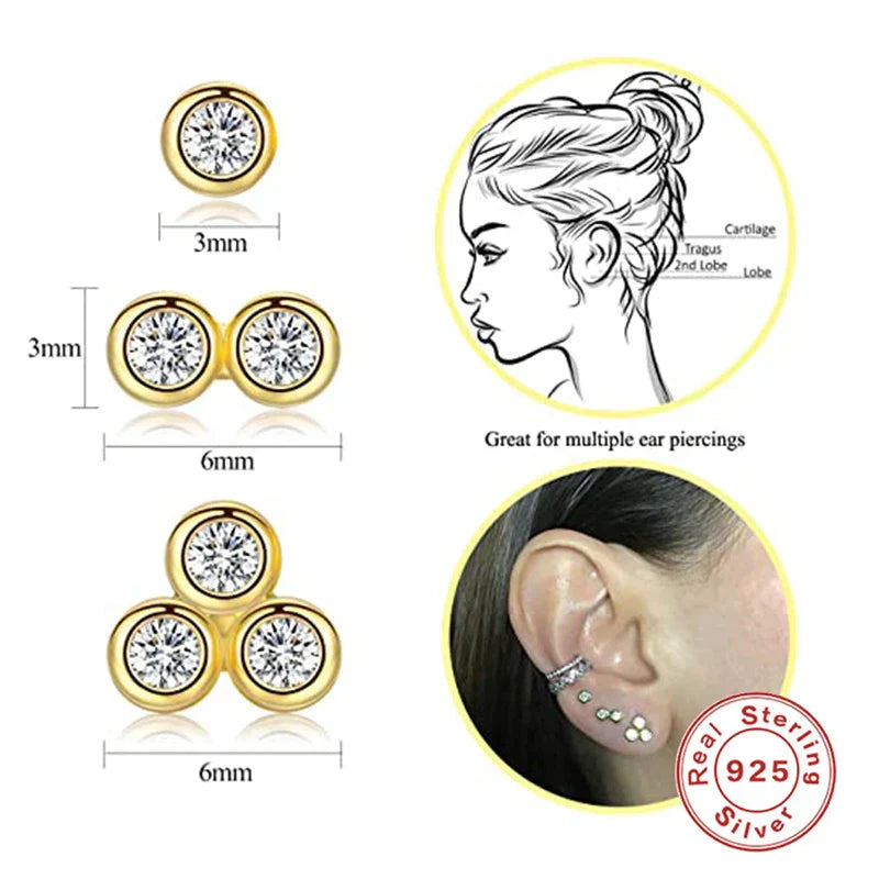 3pcs/set Bling Zircon Earring 925 Sterling Silver Cute Mini Heart Star Stud Earrings Ear Bone Earlobe Piercing Jewerly