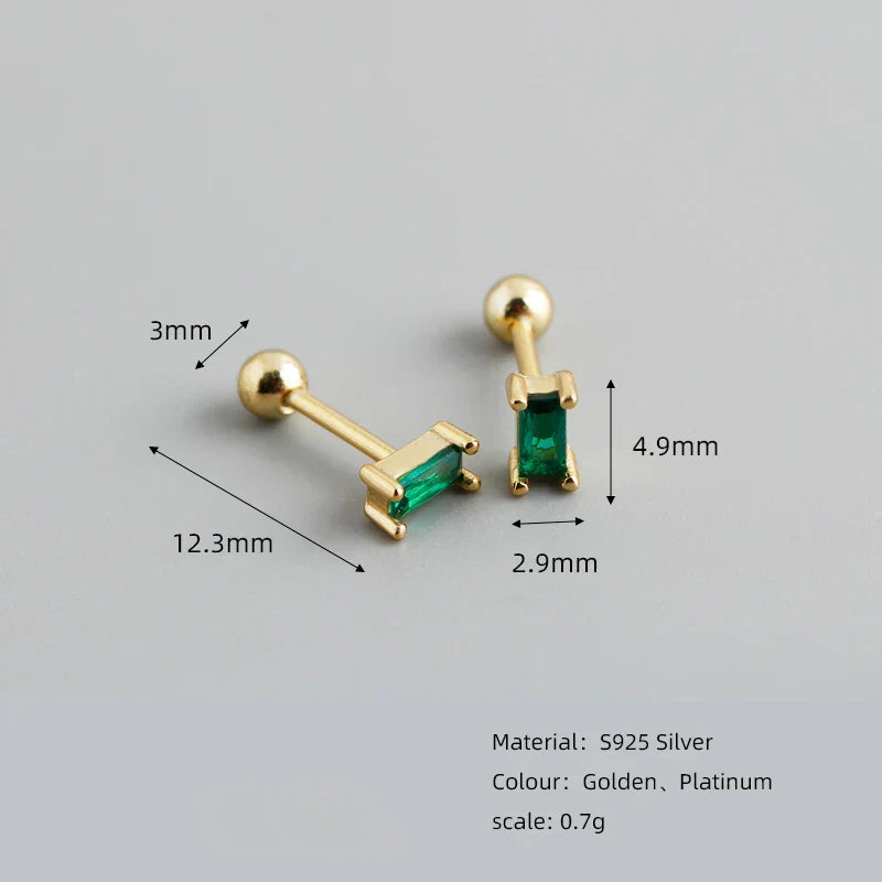 925 Sterling Silver Colorful Square Shiny Zircon Beads Piercing Stud Earrings for Women Fashion Gothic Exquisite Jewelry