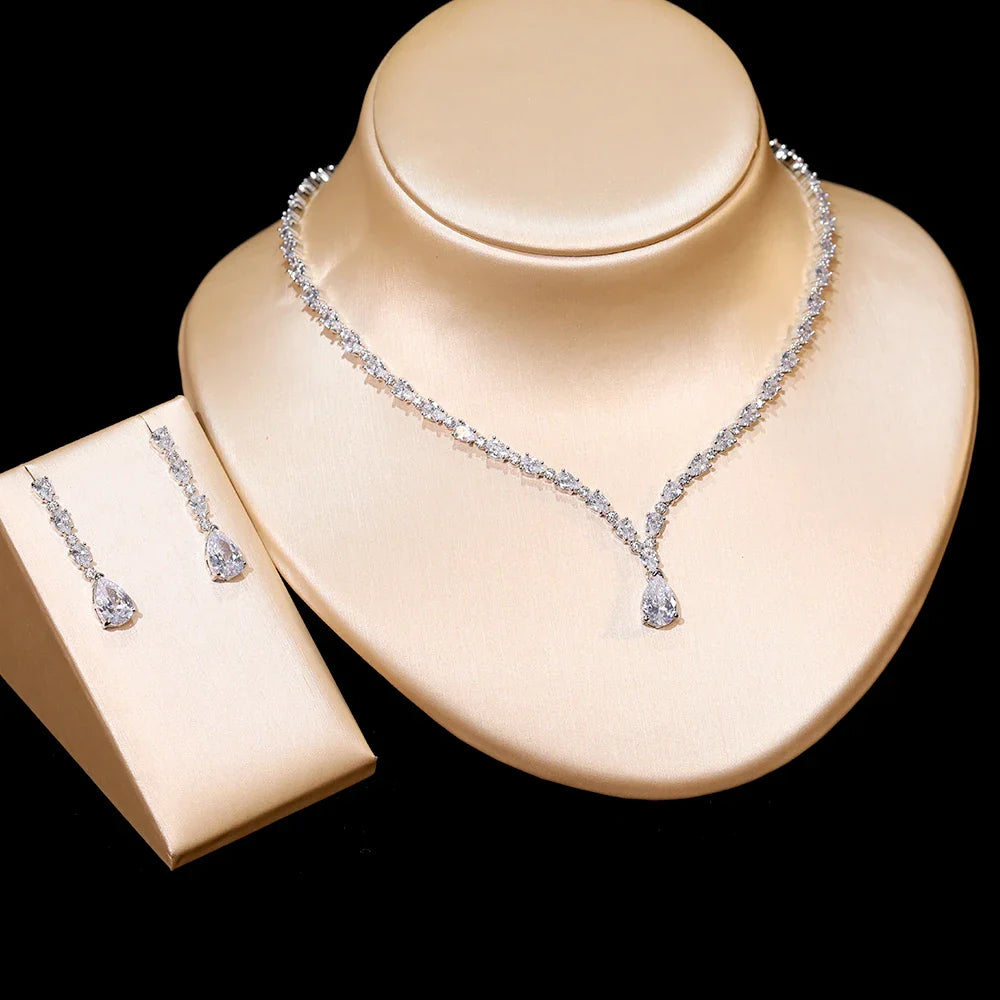 Dazzling Cubic Zirconia Wedding Necklace Water Drop Earrings 2 Piece Set Women's Clothing Party Jewelry Set Accessories