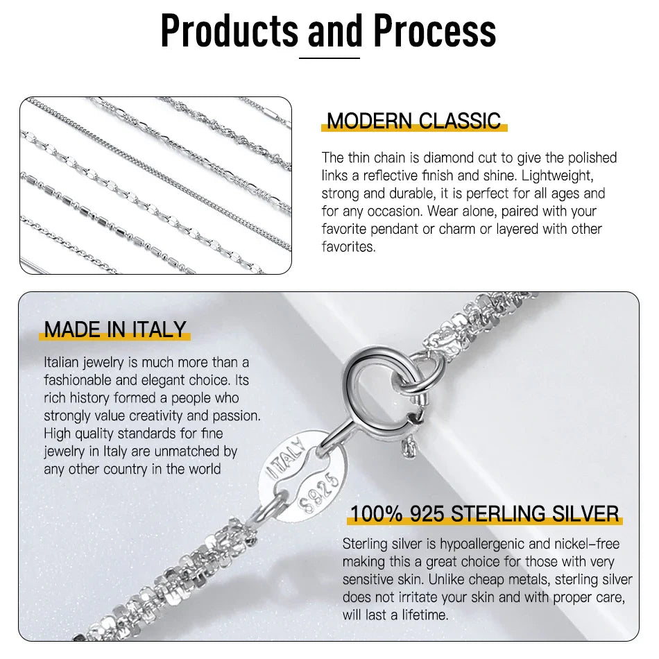 925 Sterling Silver Italian Handmade 1.2/1.6/2.0mm Chopin Chain Necklace for Women Fashion Basic Neck Chain Jewelry SC53
