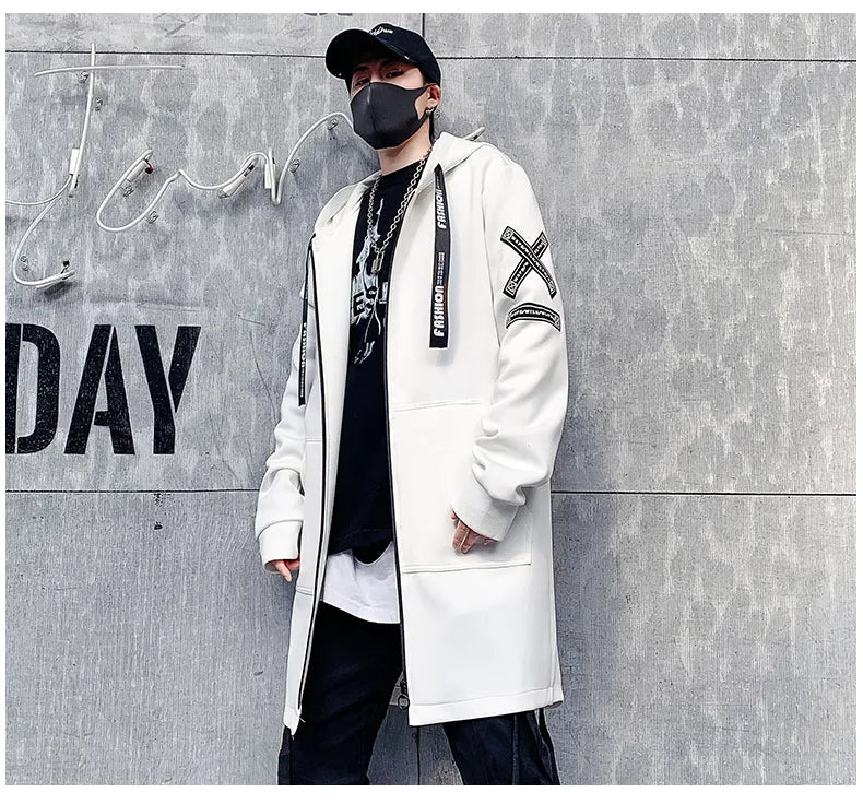 New Men Streetwear Black Jackets And Coats Hip Hop Harajuku Hooded Men's Windbreaker Overcoat Mens Clothing Outwear M-5XL