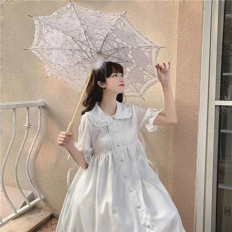 Japanese Sweet Girl Lolita Dress White 2021 Summer Kawaii Peter Pan Collar Cute Ruffle Puff Sleeve Drees Elegant Lady Dresses