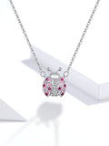 Genuine 925 Sterling Silver Pink CZ Ladybug Insect Chain Pendant Necklace for Women 45cm Kid Gifts Fine Jewelry SCN400