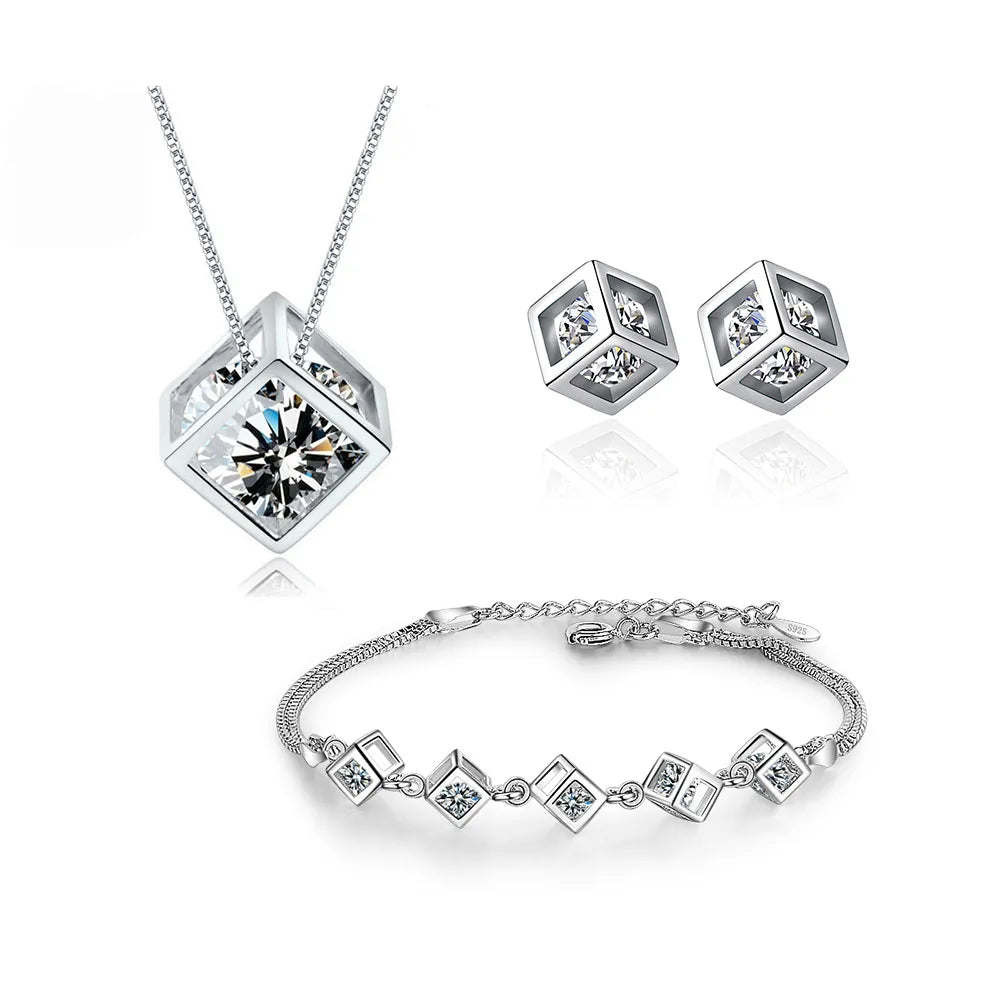 ANENJERY Silver Color Luxury Shiny Square Cube Necklace Earrings Bracelet For Women Gift Zircon Anniversary Gift