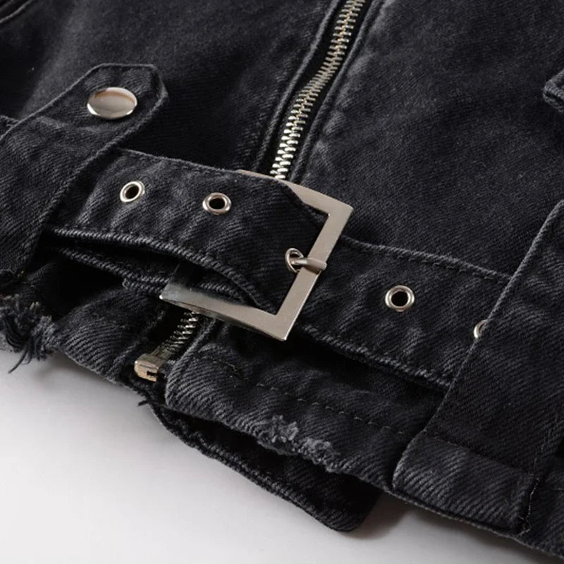 Men's Zippers Black Biker Jean Jacket Streetwear Thick Denim Slim Coat with Belt High Quality