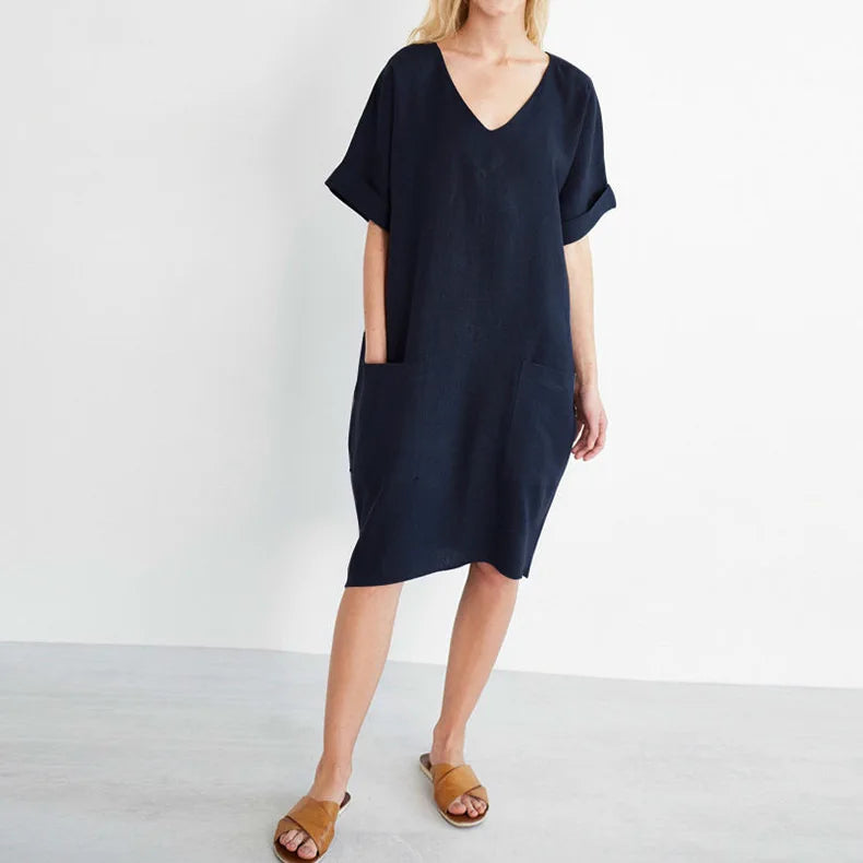 Women Casual Short Sleeve V Neck Cotton Linen Loose Dress Vintage Solid Pockets Oversized Dress Elegant Beach Holiday Mini Dress
