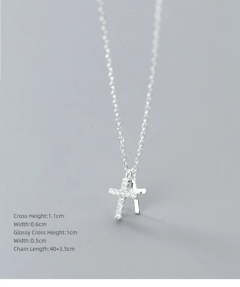 Fashion Shiny Zircon and Glossy Cross Pendant Necklace for Women Pure 925 Sterling Silver Long Chain Necklace Jewelry