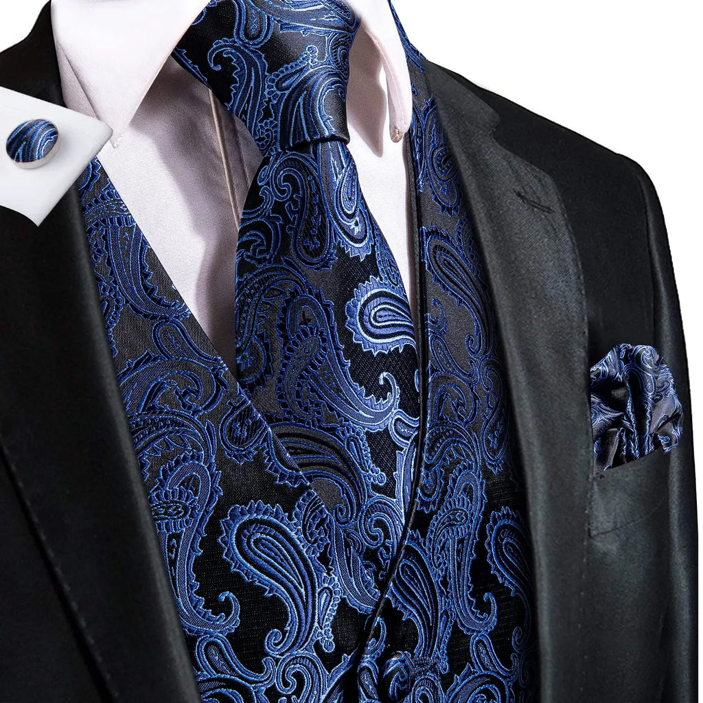 Luxury Mens Vests Black Gold Floral Jacquard Waistcoat Tie Hanky Cufflinks Brooch Set for Men Suit Wedding Office XL