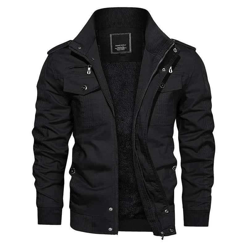 Men's Fleece Jackets Windbreaker Coats Fall Winter Thermal Bomber Jackets Multi-pockets Stand Collar Motorcycle Jacket