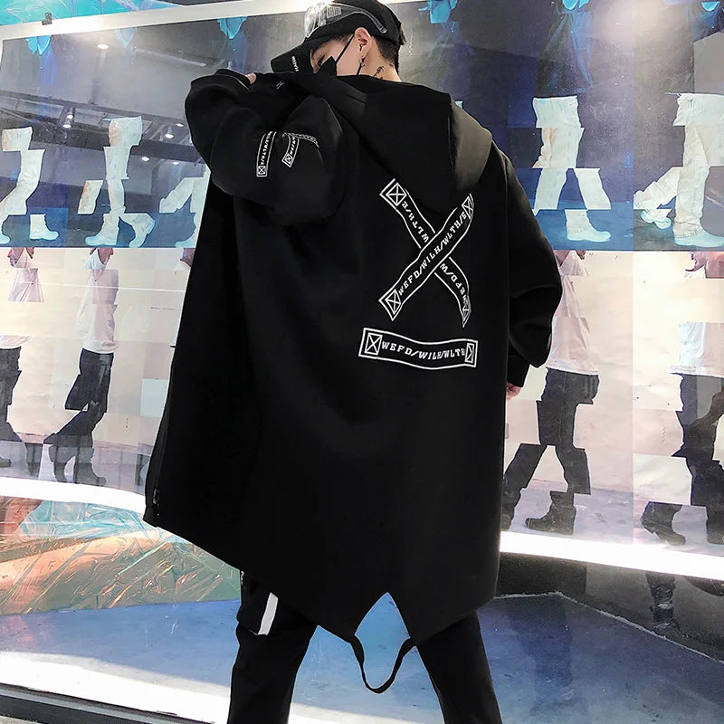New Men Streetwear Black Jackets And Coats Hip Hop Harajuku Hooded Men's Windbreaker Overcoat Mens Clothing Outwear M-5XL
