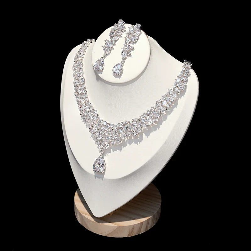 Conjuntos de joyería nupcial de lujo, Zirconia cúbica brillante, collar de boda, pendientes, accesorios para novias X0826