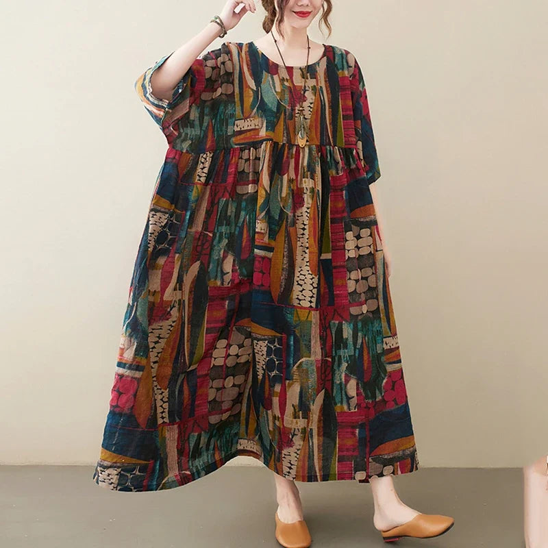 Short Sleeve Cotton Linen Vintage Print Summer Long Dresses For Women 2026 Casual Loose Holiday Ladies Dress Elegant Clothes