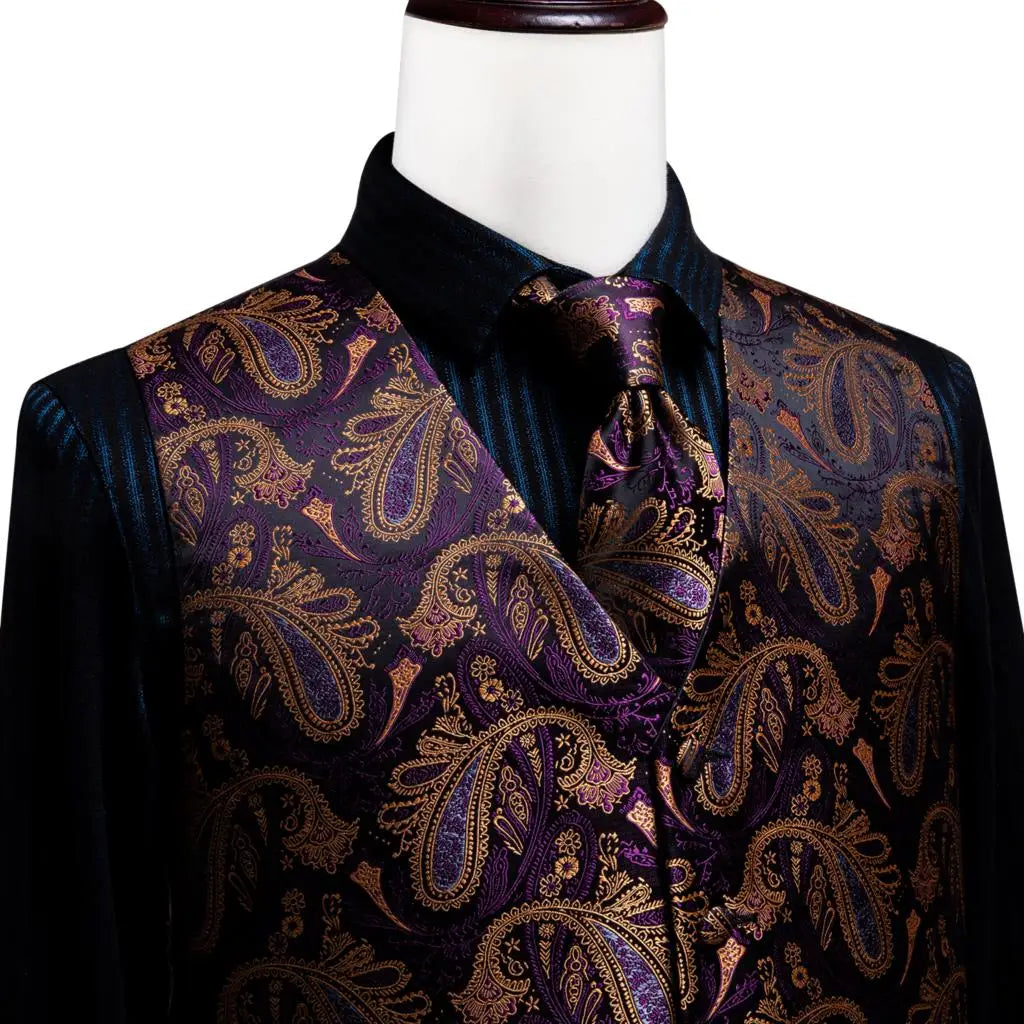 Fashion Silk Vest For Men Classic Gold Champane Yellow Waistcoat Jacket Tie Hankerchief Cufflinks Sets Dress Suit Wedding Hi-Tie