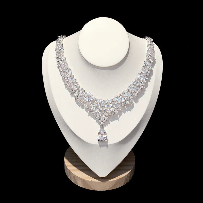 Conjuntos de joyería nupcial de lujo, Zirconia cúbica brillante, collar de boda, pendientes, accesorios para novias X0826