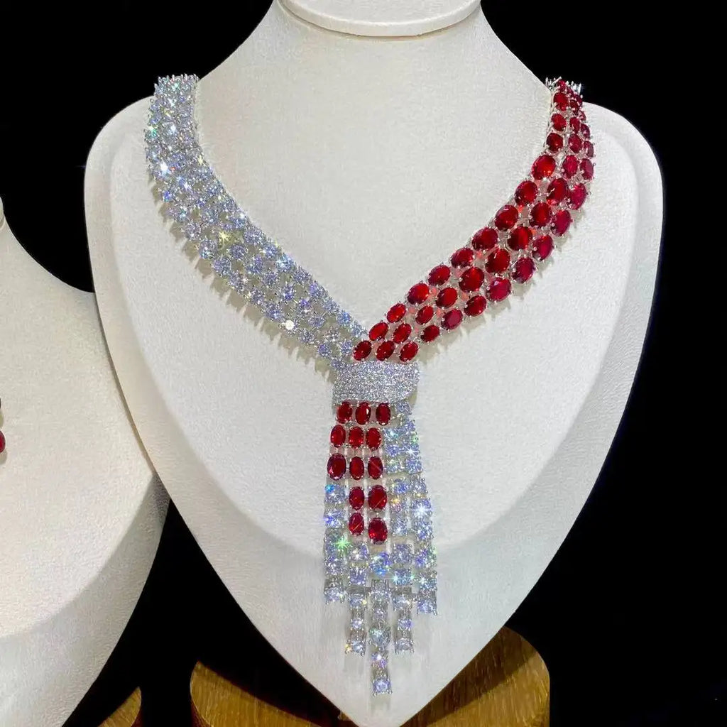 Luxury Blue 2 Piece Tassel Necklace Cubic Zircon Jewelry Set Women Wedding European Party Jewelry Set X0140