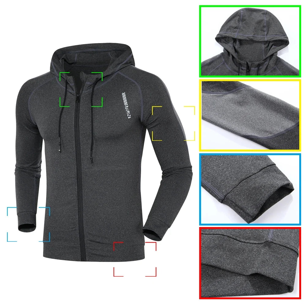 Men Running Sports Jackets Gym Training Zipper Slim Hiking Sweatshirts Comfortable Elastic Quick Dry Fitness Long Sleeve Hooded
