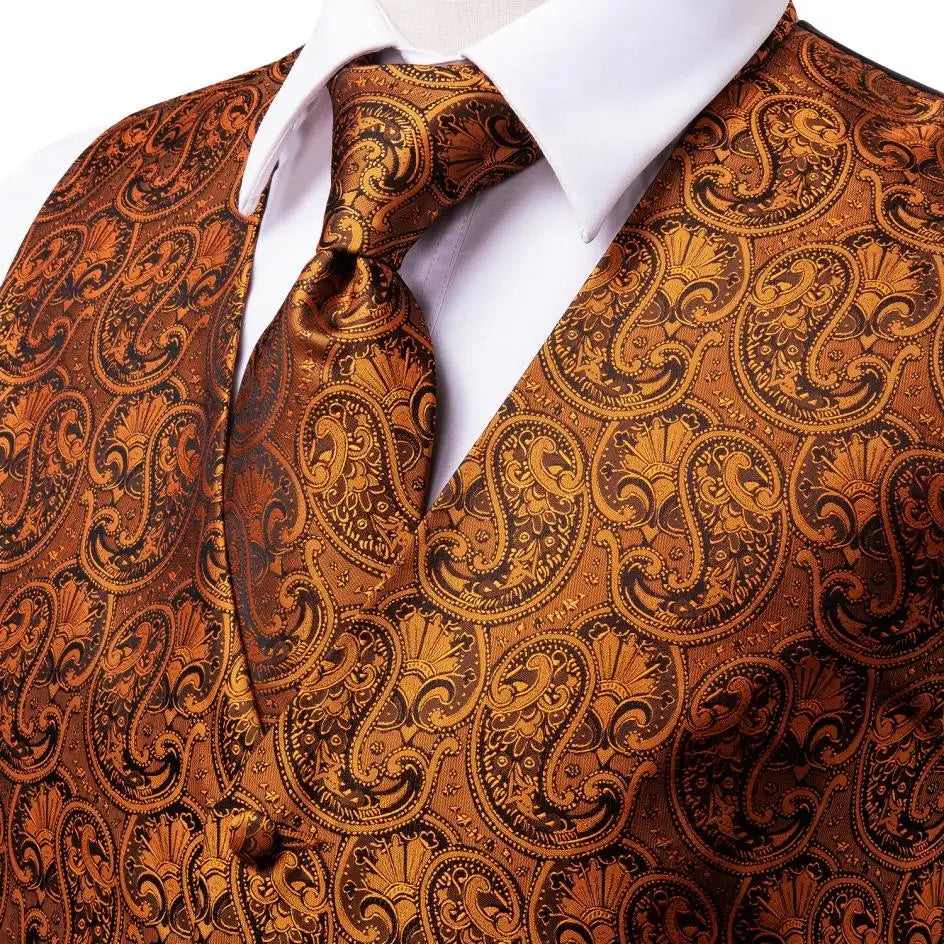 Fashion Silk Vest For Men Classic Gold Champane Yellow Waistcoat Jacket Tie Hankerchief Cufflinks Sets Dress Suit Wedding Hi-Tie