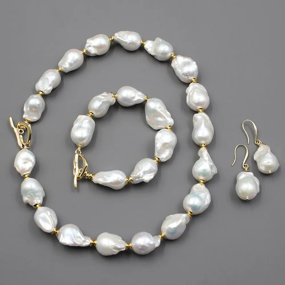 GG Natural Freshwater Cultured White Keshi Baroque Pearl Necklace Bracelet Earrings Sets For Women Lady Fashion