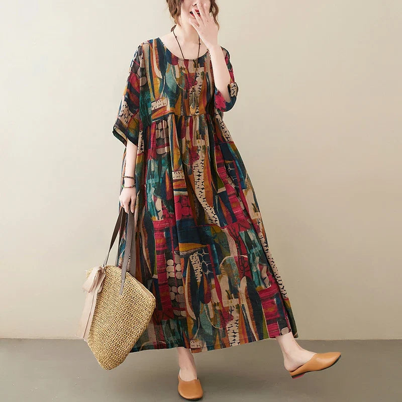 Short Sleeve Cotton Linen Vintage Print Summer Long Dresses For Women 2026 Casual Loose Holiday Ladies Dress Elegant Clothes