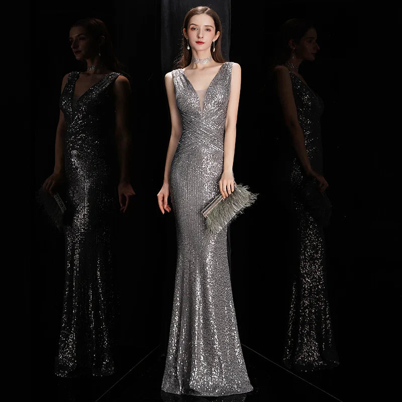 Elegant V Neck Sequin Evening Dress Long Mermaid Formal Dress