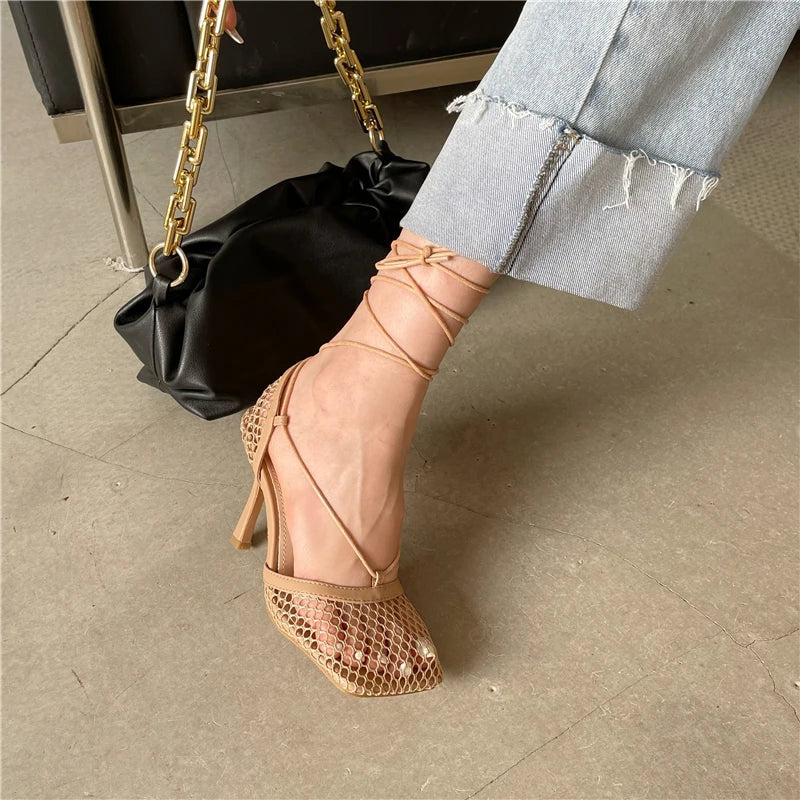2026 Stiletto Heels Mesh Fashion Sandals Square Toe Cross-Tied Shallow Concise Party Rome Solid Summer Shoes for Women