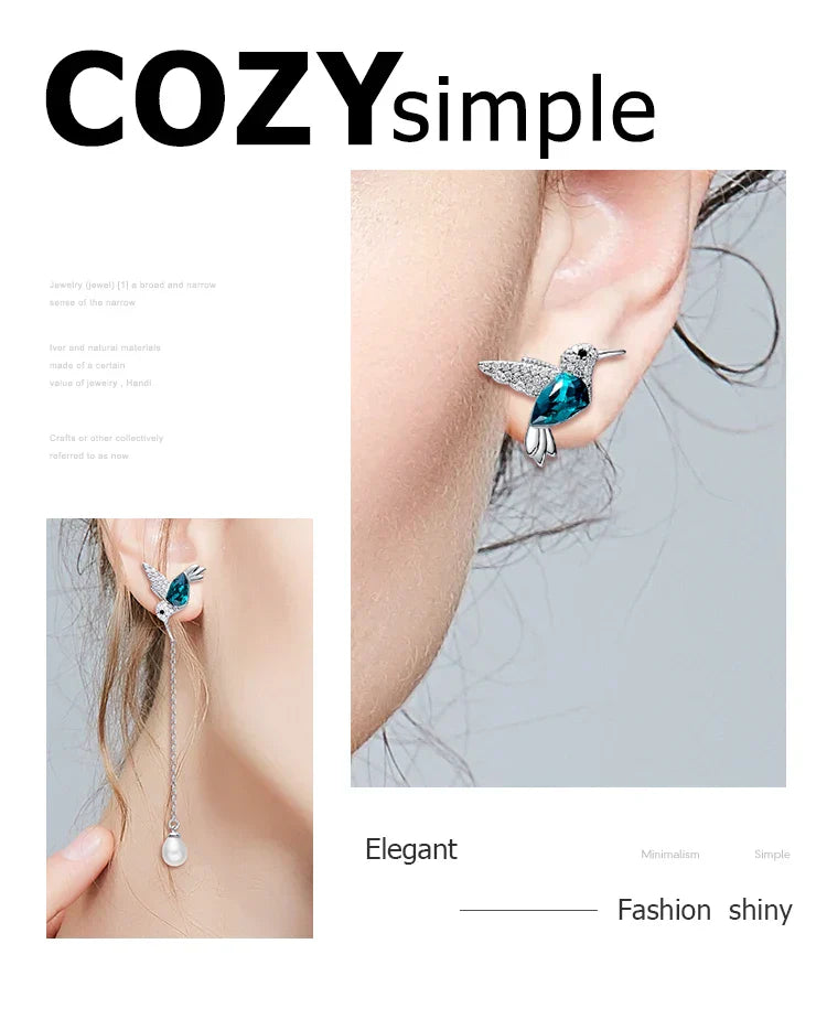 S925 Sterling Silver Hummingbird Freshwater Pearl Earrings Green Austrian Crystals Cute Animal Jewelry Gifts for Women Girls