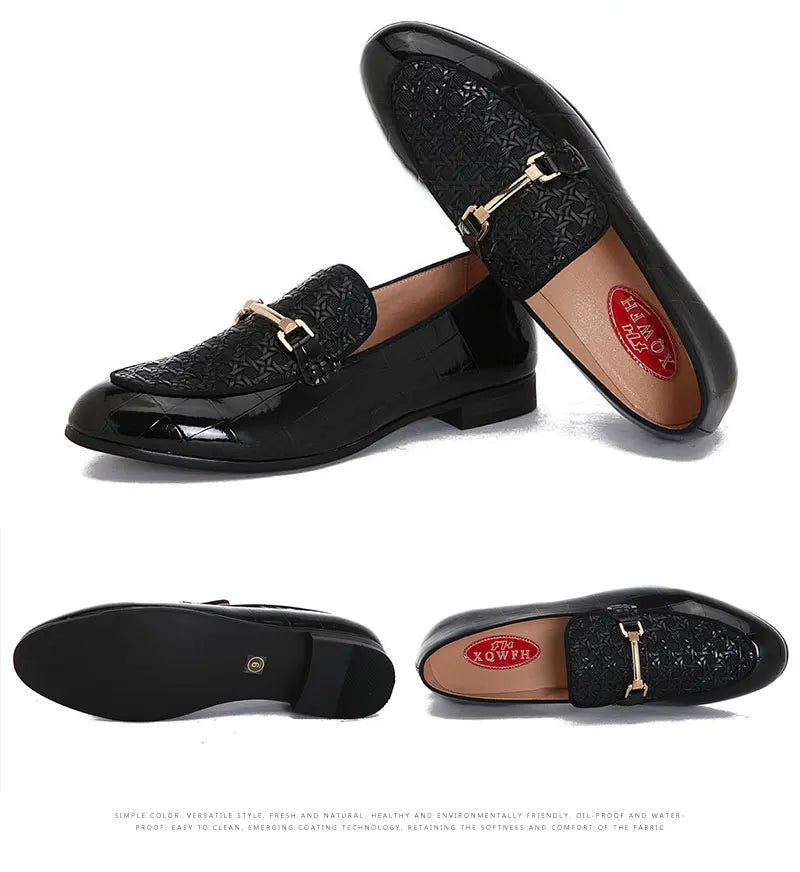 Men Black Leather Shoes Fashion Braid Patterns Casual Shoes Men's Loafers with Gold Chain Buckle Male Wedding Dress Shoes