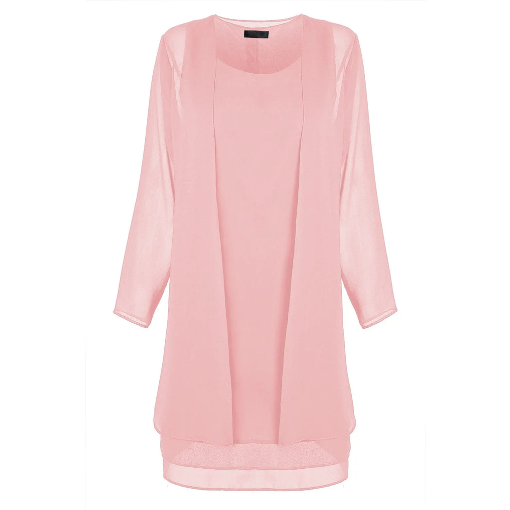2 Pieces Chiffon Dress Set Women Casual Long Sleeve Solid Cardigan Dress Elegant Wedding Evening Party Dresses Clothing Vestidos