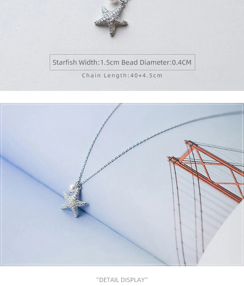 Marine Life Adjustable Necklace for Women Shiny Zircon Starfish Pearl Sterling Silver 925 Pendant Necklace Fine Jewelry
